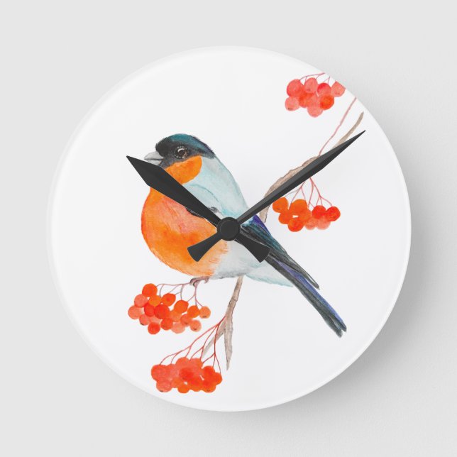 A funny bullfinch on a rowan tree branch round clock (Front)