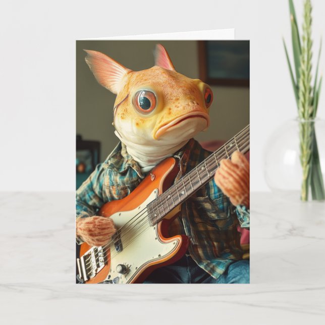 A funny catfish playing guitar fantasy Birthday Card (Front)