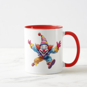 A funny clown jumps into the air while laughing. mug