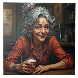 A Funny Comic Older Woman at Bar with Beer Ceramic Tile
