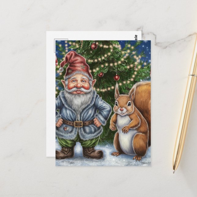 A Funny Gnome and Squirrel Christmas Postcard (Front/Back In Situ)