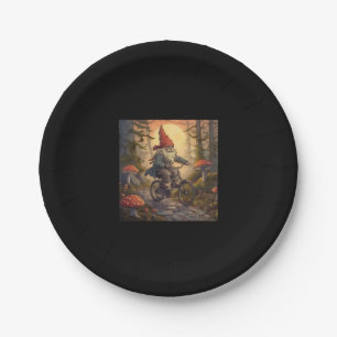A funny gnome riding a bike paper plate