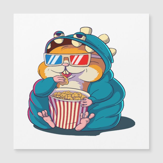 A funny hamster wearing glasses eats popcorn (Front)