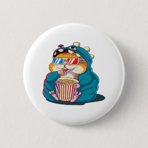 A funny hamster wearing glasses eats popcorn 6 cm round badge