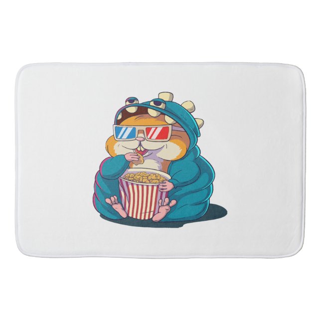 A funny hamster wearing glasses eats popcorn bath mat (Front)