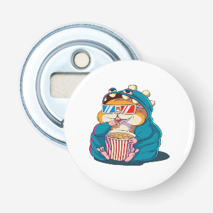 A funny hamster wearing glasses eats popcorn bottle opener