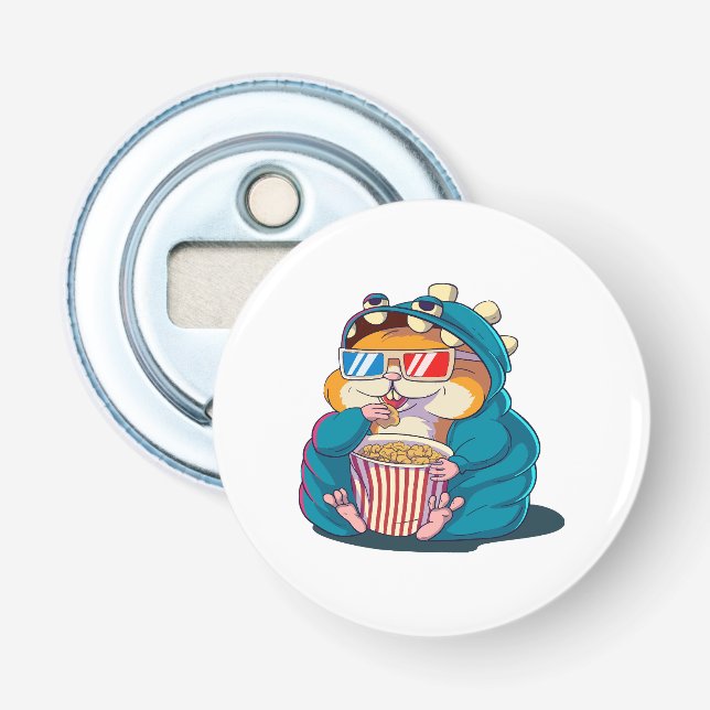 A funny hamster wearing glasses eats popcorn bottle opener (Front)