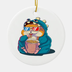 A funny hamster wearing glasses eats popcorn ceramic ornament