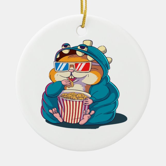 A funny hamster wearing glasses eats popcorn ceramic ornament (Front)