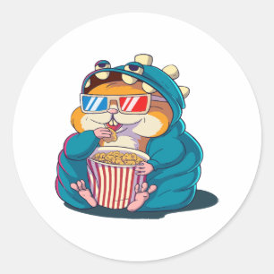 A funny hamster wearing glasses eats popcorn classic round sticker