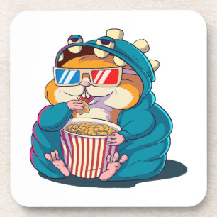 A funny hamster wearing glasses eats popcorn coaster