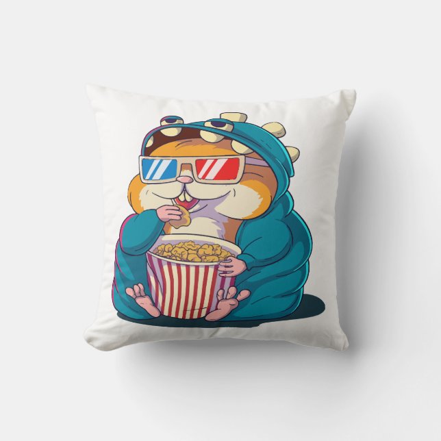 A funny hamster wearing glasses eats popcorn cushion (Front)