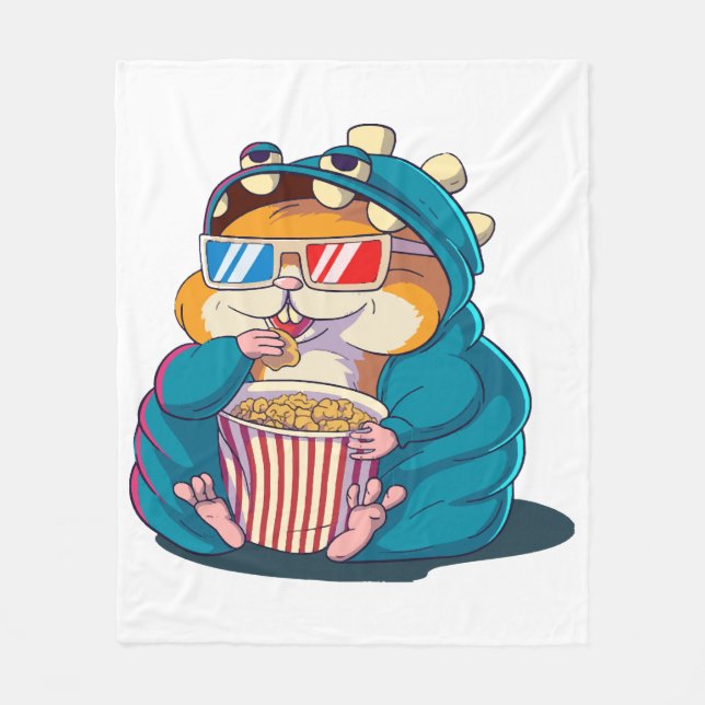 A funny hamster wearing glasses eats popcorn fleece blanket (Front)
