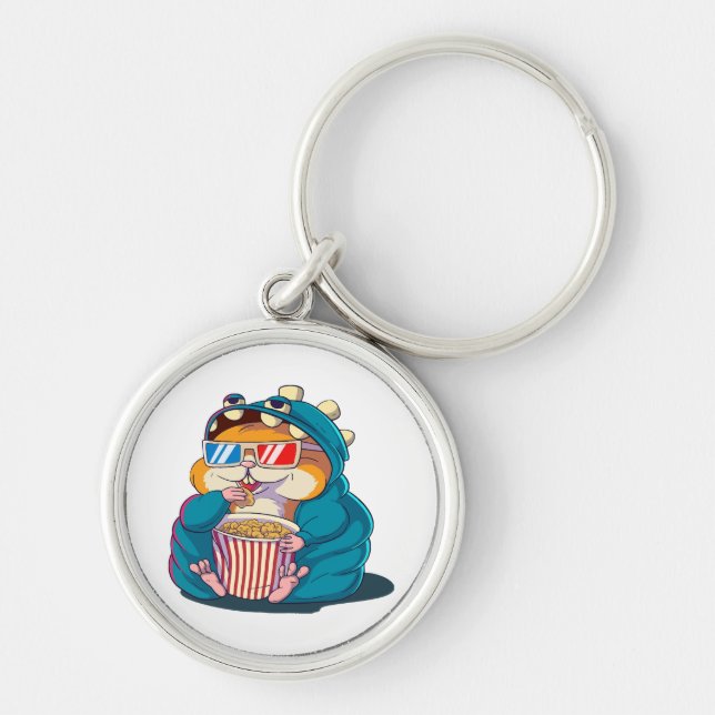 A funny hamster wearing glasses eats popcorn key ring (Front)