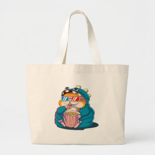 A funny hamster wearing glasses eats popcorn large tote bag