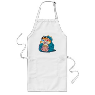 A funny hamster wearing glasses eats popcorn long apron