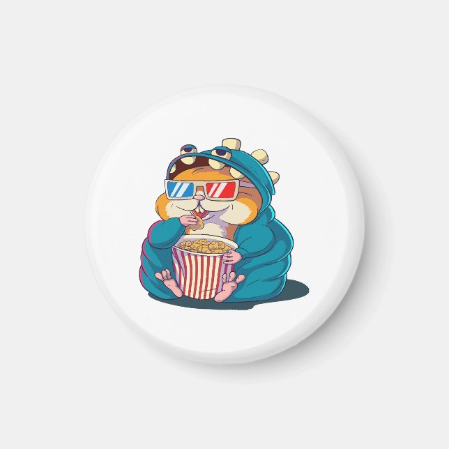 A funny hamster wearing glasses eats popcorn magnet (Front)