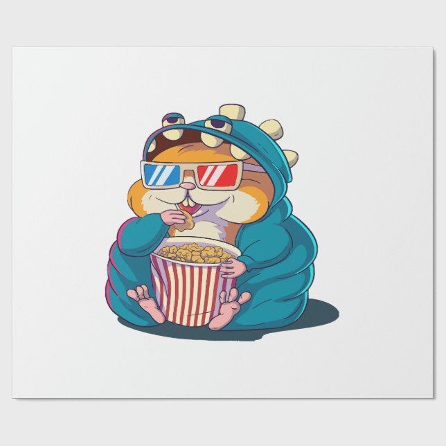 A funny hamster wearing glasses eats popcorn wrapping paper (Flat)