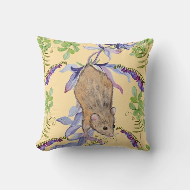 A funny mouse in a thicket of flowers. cushion (Front)