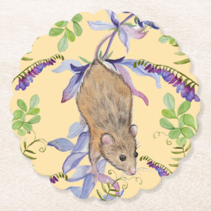 A funny mouse in a thicket of flowers. paper coaster