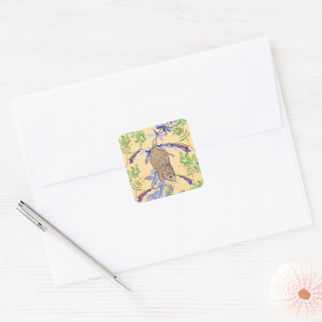 A funny mouse in a thicket of flowers square sticker (Envelope)