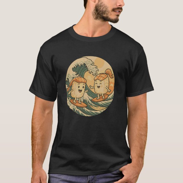 A Funny Rice Sushi Catching Waves T-Shirt (Front)