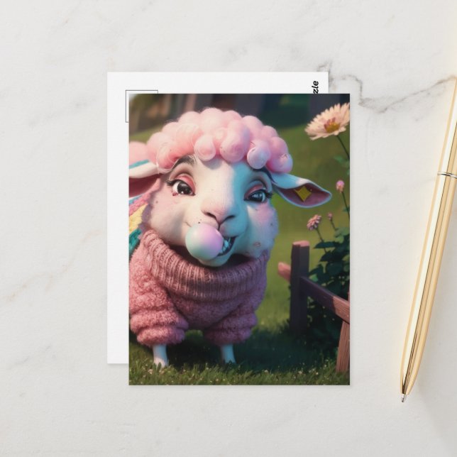 A Funny Sheep in a Sweater Chewing Pink Bubble Gum Postcard (Front/Back In Situ)