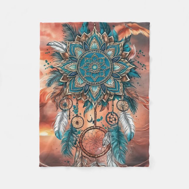 : A Fusion of Mandalas, Feathers, and Dreamcatcher Fleece Blanket (Front)