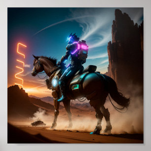 A Futuristic Man Riding a Horse in the Desert Poster