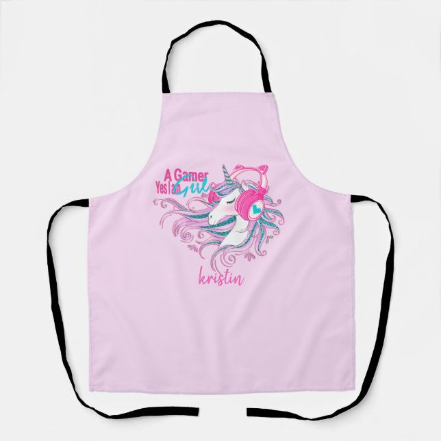 A gamer Girl Magic Unicorn Apron (Front)