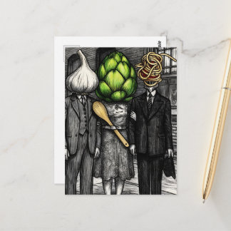 A garlic, an artichoke, and a spaghetti fork funny postcard