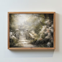a gate in a forest along with flowers