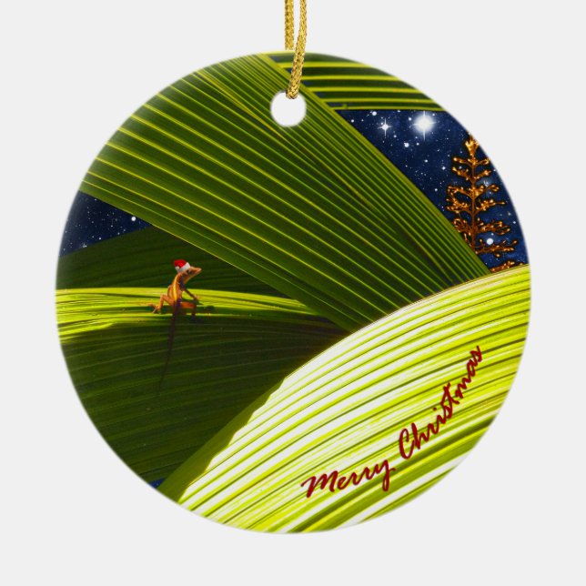 A Gecko Lizard's Tropical Christmas Ceramic Tree Decoration (Front)