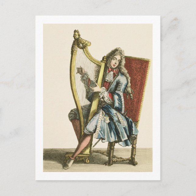 A gentleman playing the harp (engraving) postcard (Front)