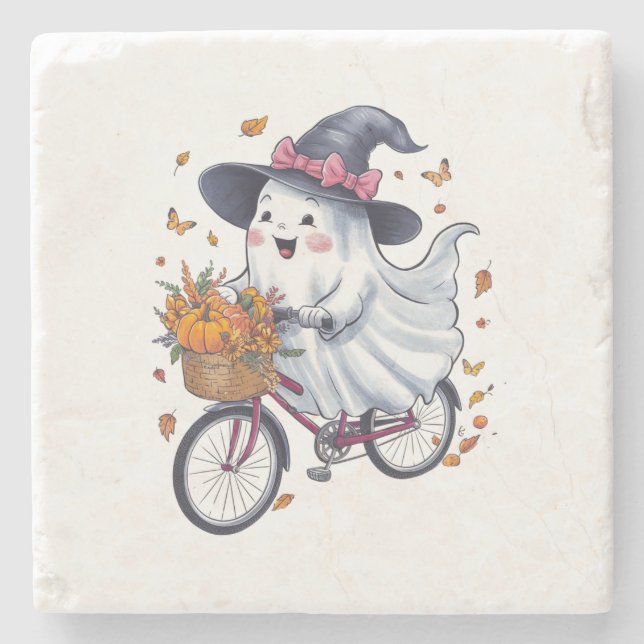 A ghost riding a bicycle stone coaster (Front)