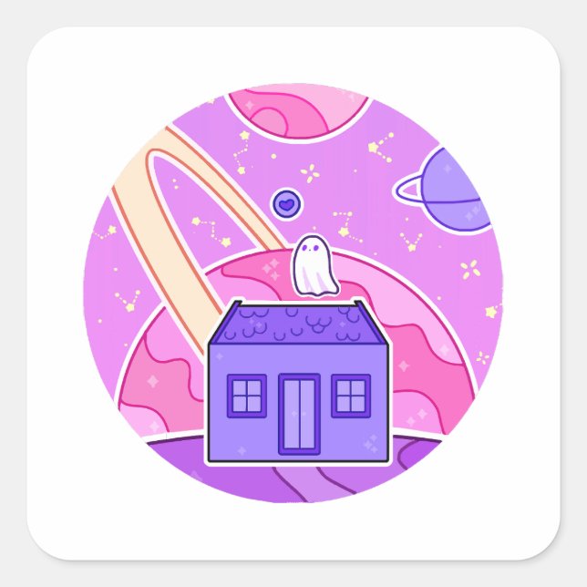 A ghost that lives on space square sticker (Front)