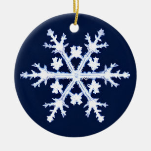 A Giant Ice Crystal Snowflake on Dark Indigo Blue Ceramic Ornament