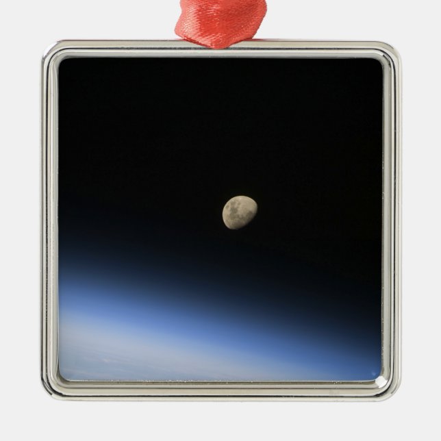 A gibbous moon visible above Earth's atmosphere 2 Metal Tree Decoration (Front)