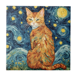 A Ginger Tabby Cat in The Starry Night Ceramic Tile