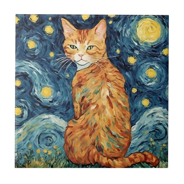 A Ginger Tabby Cat in The Starry Night Ceramic Tile (Front)