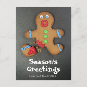 A gingerbread man looking shocked postcard