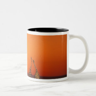 A Giraffe couple walks into the sunset, in Two-Tone Coffee Mug