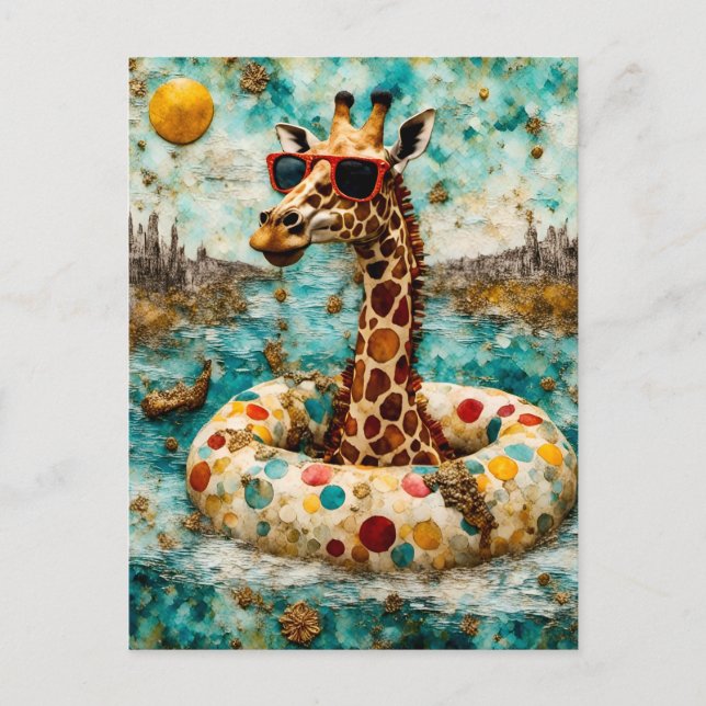 A Giraffe on Vacation in a Floating Doughnut Postcard (Front)