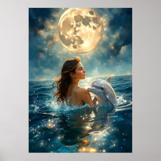 A girl and a baby dolphin swim in the sea poster