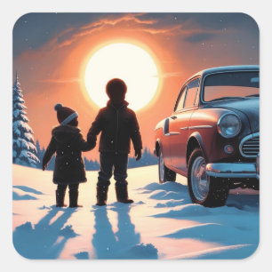 A girl and a boy watching the sunset in winter square sticker