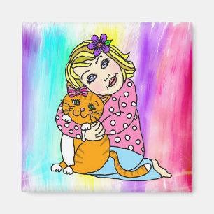 A Girl and her Cat Hugs and Love Colourful Artwork Magnet