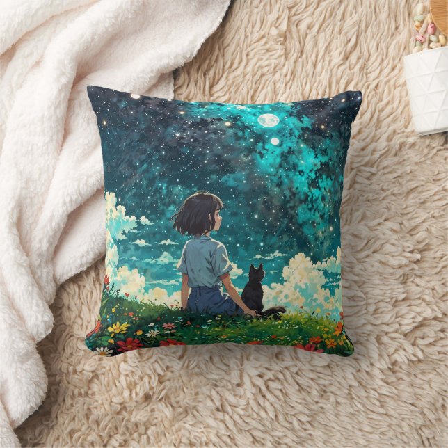 A girl and her cat sit together on flowers field cushion (Blanket)