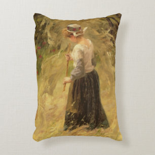 A Girl Harvesting Hay, 19th century Decorative Cushion
