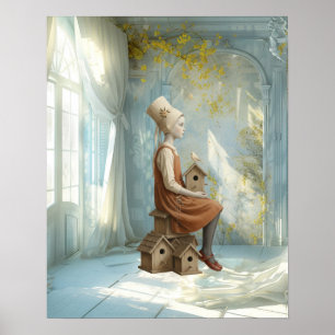 A Girl & Her Birdhouses Surreal Storybook Poster