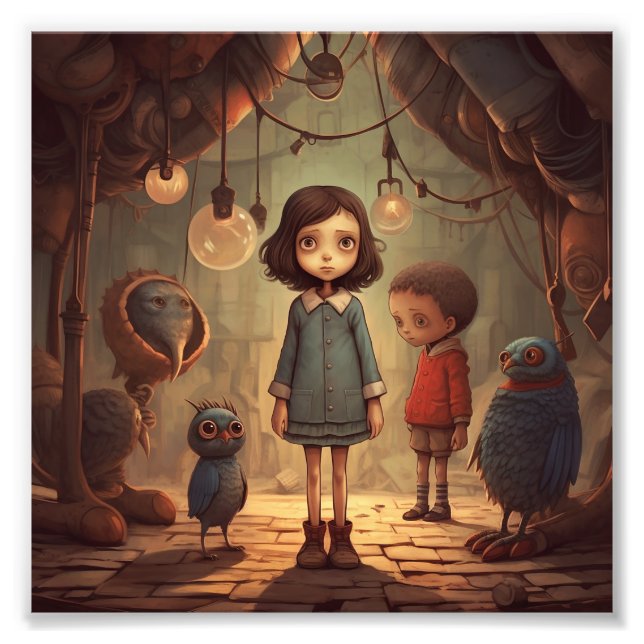 A girl in a blue dress stands with boy photo print (Front)